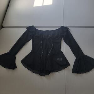 Fairy Whimsigoth Blouse Womens Medium Black Sheer Off Shoulder Bell Sleeve